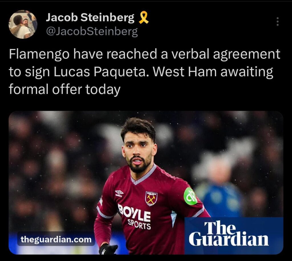 [Steinberg] Flamengo have reached a verbal agreement to sign Lucas Paqueta. West Ham awaiting formal offer today