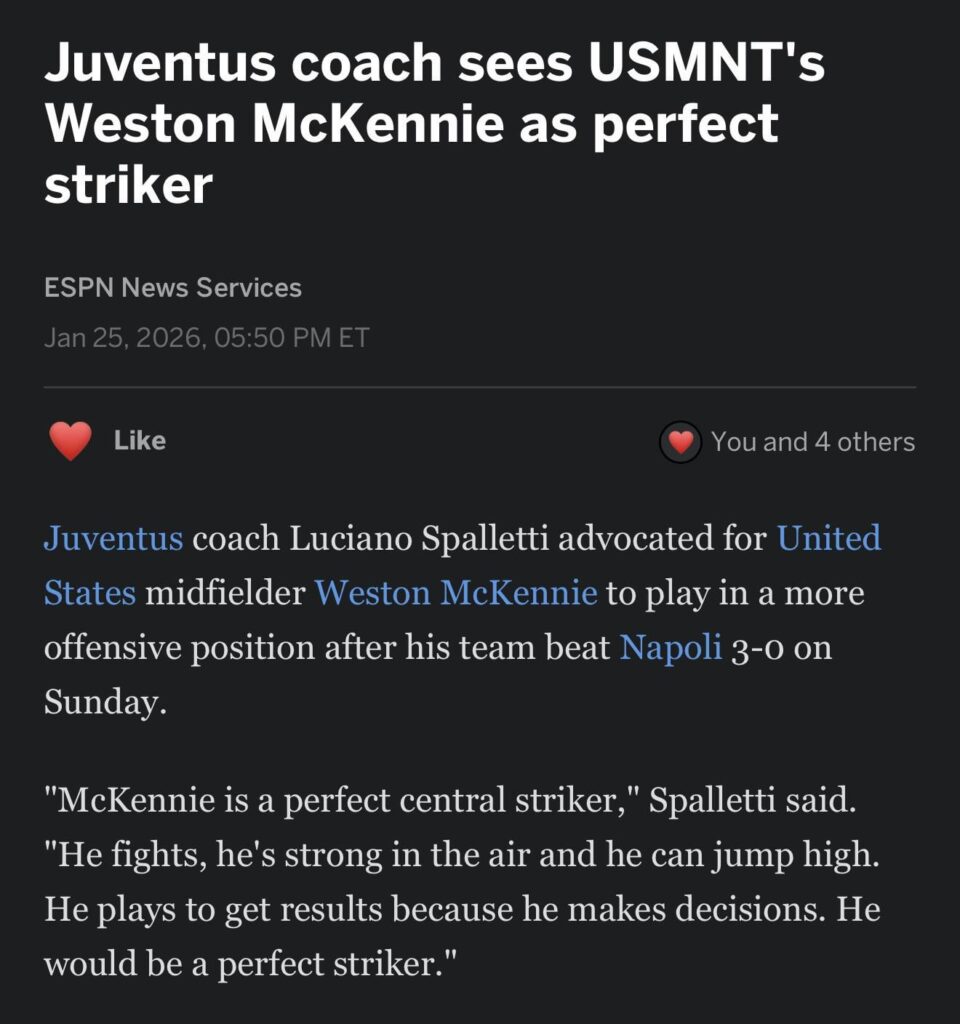 Juventus coach sees USMNT Weston Mckennie as perfect striker