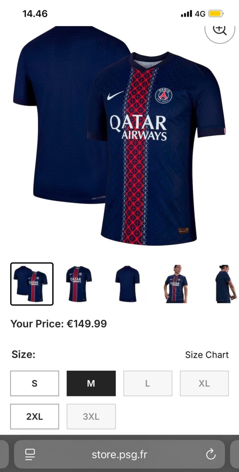 PSG home kit sizes S-XL run out of stock right after they get restocked