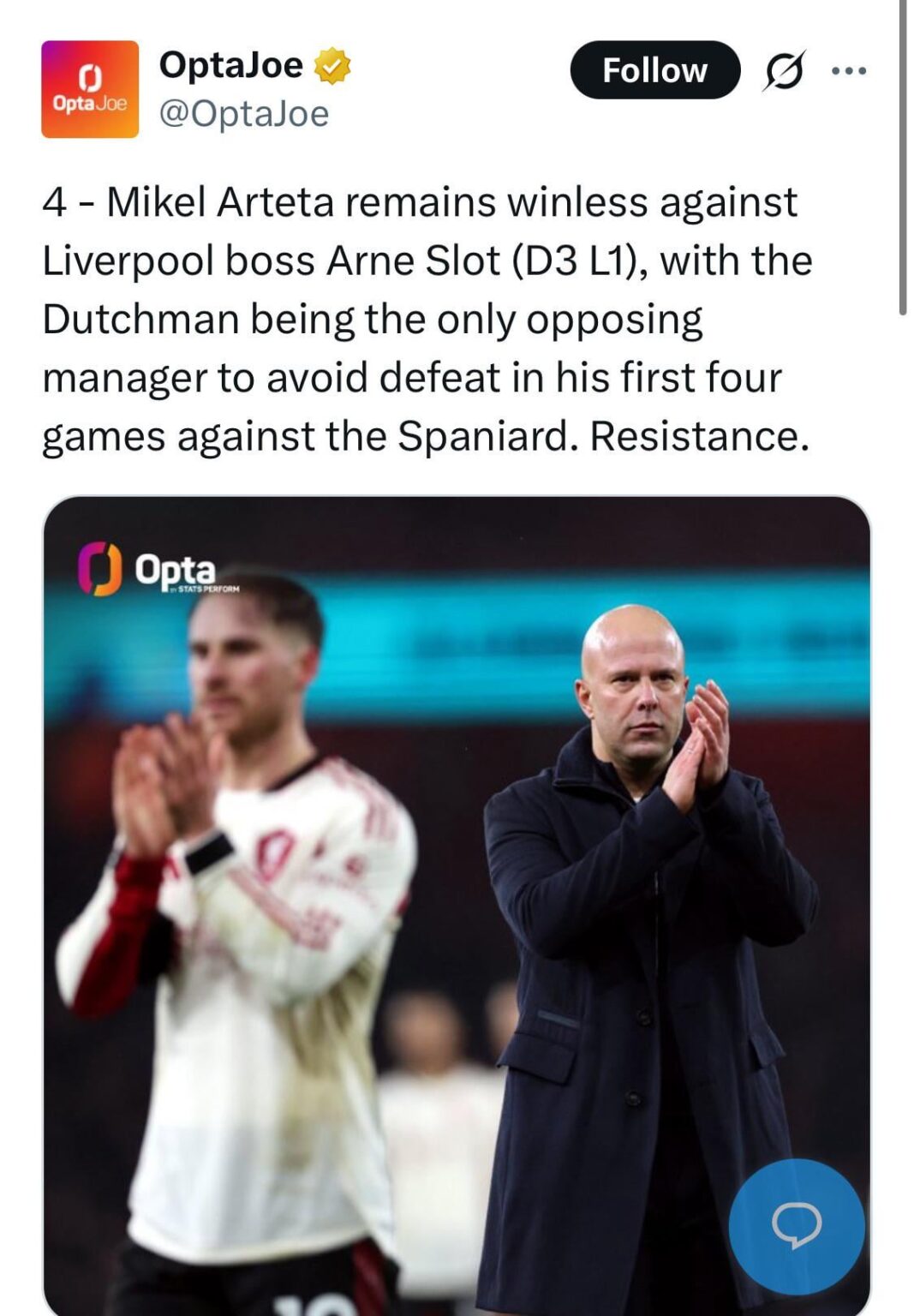 [OptaJoe] 4 - Mikel Arteta remains winless against Liverpool boss Arne Slot (D3 L1), with the Dutchman being the only opposing manager to avoid defeat in his first four games against the Spaniard. Resistance.