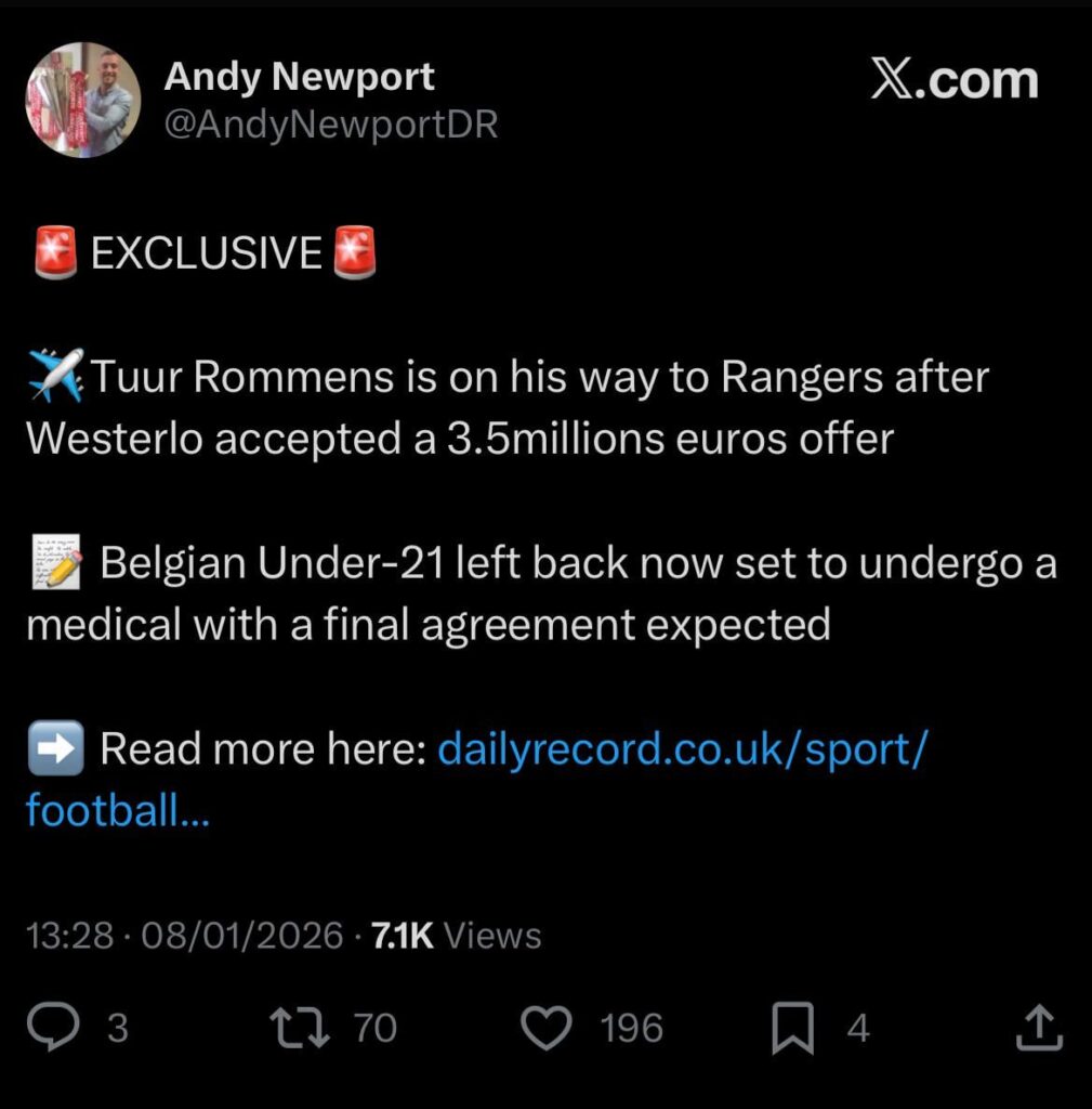 [Andy Newport] Tuur Rommens is on his way to Rangers after Westerlo accepted a 3.5millions euros offer
