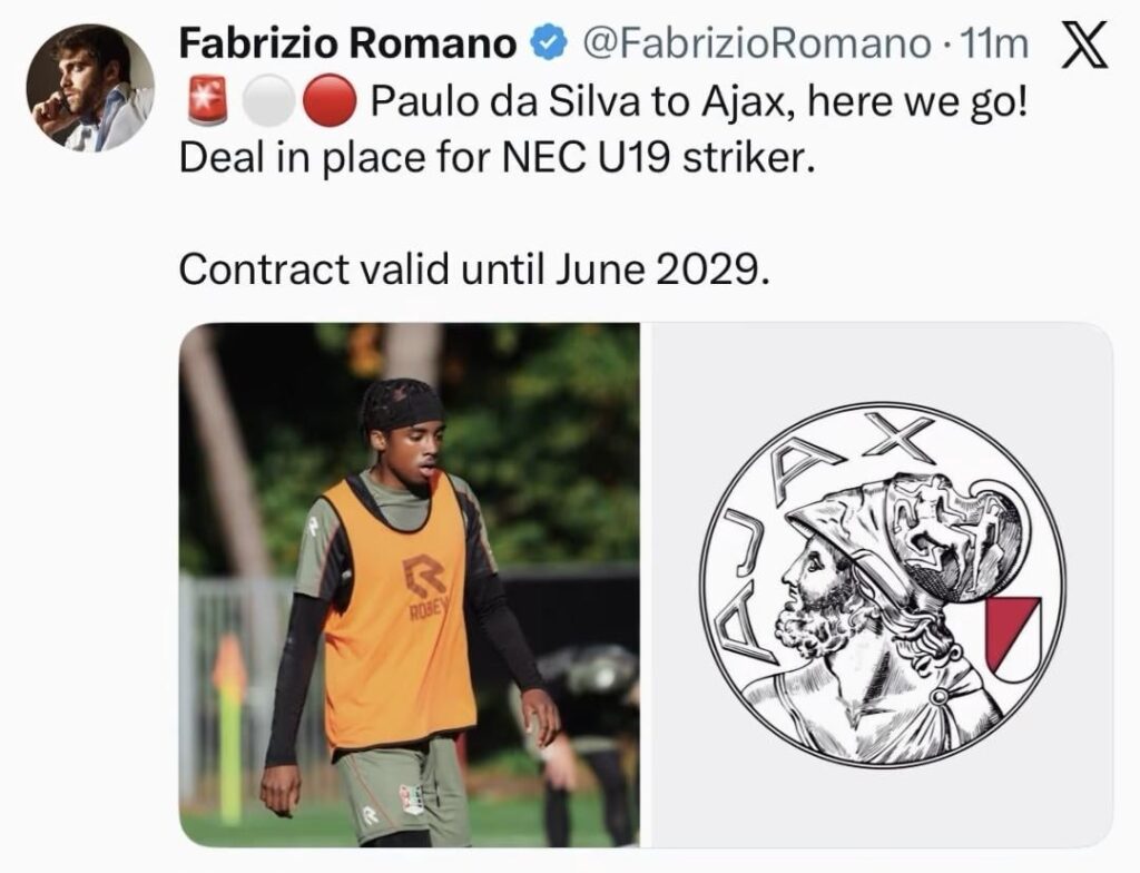 [Fabrizio Romano] NEC U19 striker Paulo Da Silva to Ajax. Contract valid until june 2029