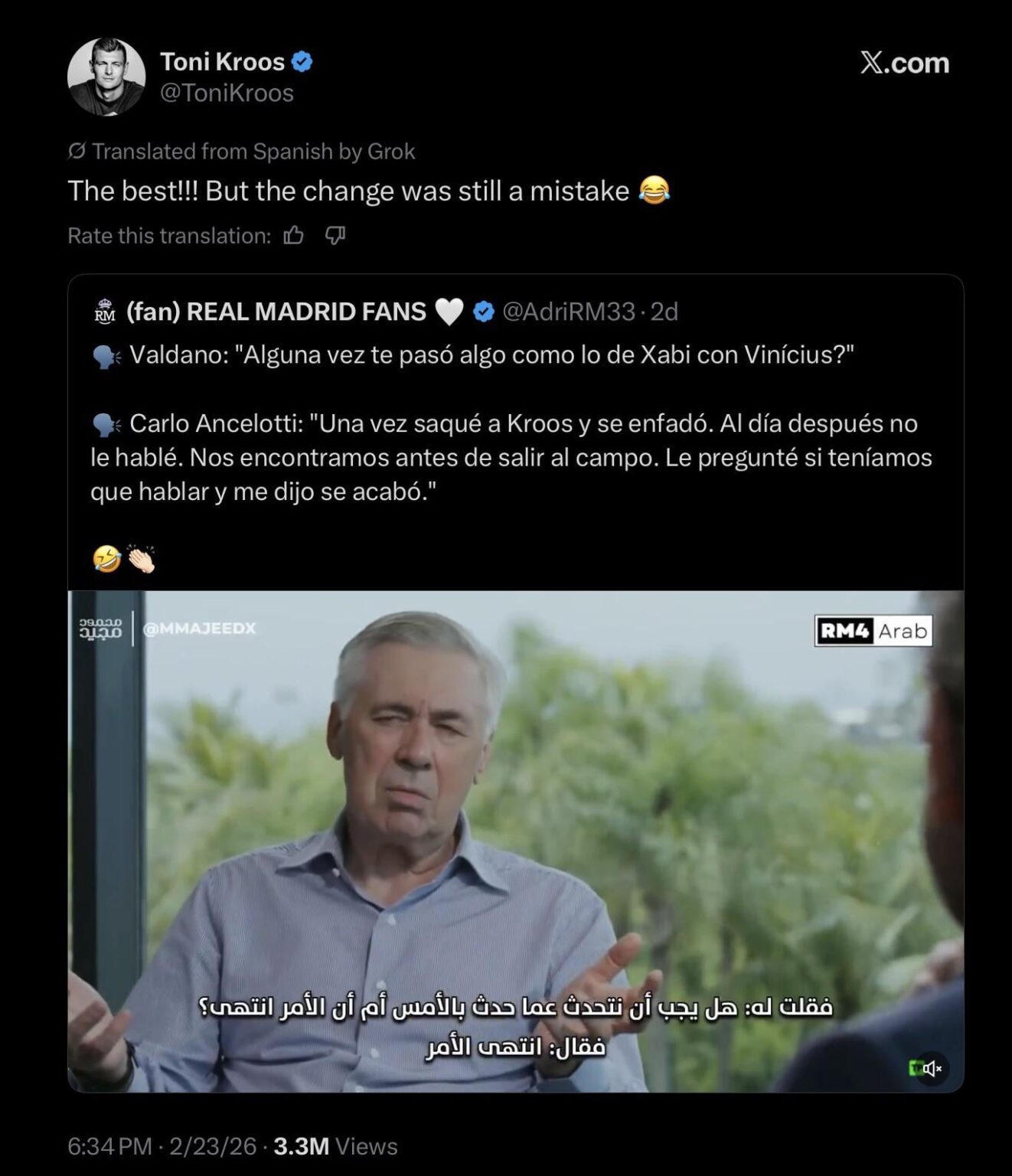 Kroos responding to the interview of Ancelotti recalling Kroos being mad when he subbed him. Kroos responding to the interview of Ancelotti recalling Kroos being mad when he subbed him.