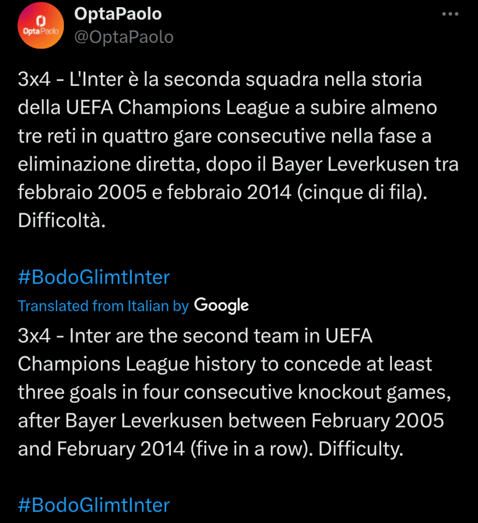 [OptaPaolo] 3x4 - Inter are the second team in UEFA Champions League history to concede at least three goals in four consecutive knockout games, after Bayer Leverkusen between February 2005 and February 2014 (five in a row). Difficulty.
