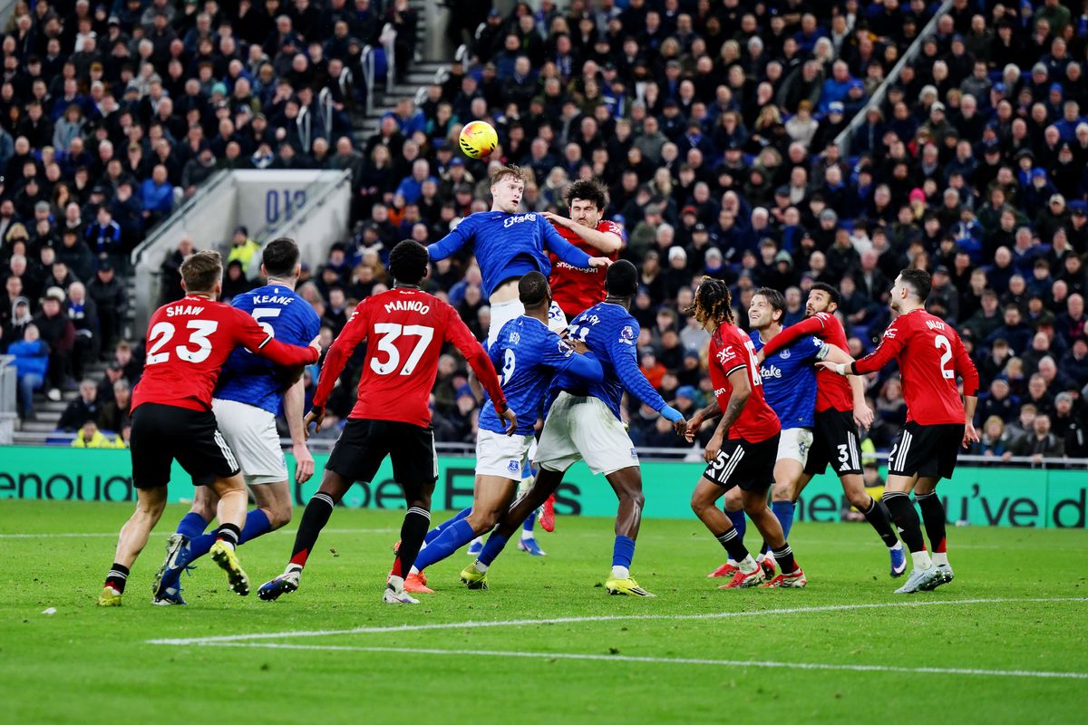 Jarrad Branthwaite heads the ball during the match between Everton and Manchester United at Hill Dickinson Stadium on February 23, 2026