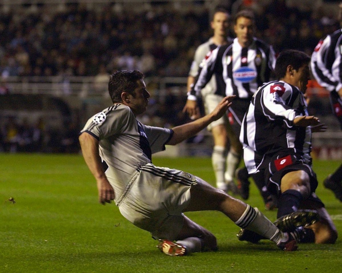 Andy Griffin scores for Newcastle against Juventus in the 2002 Champions League clash