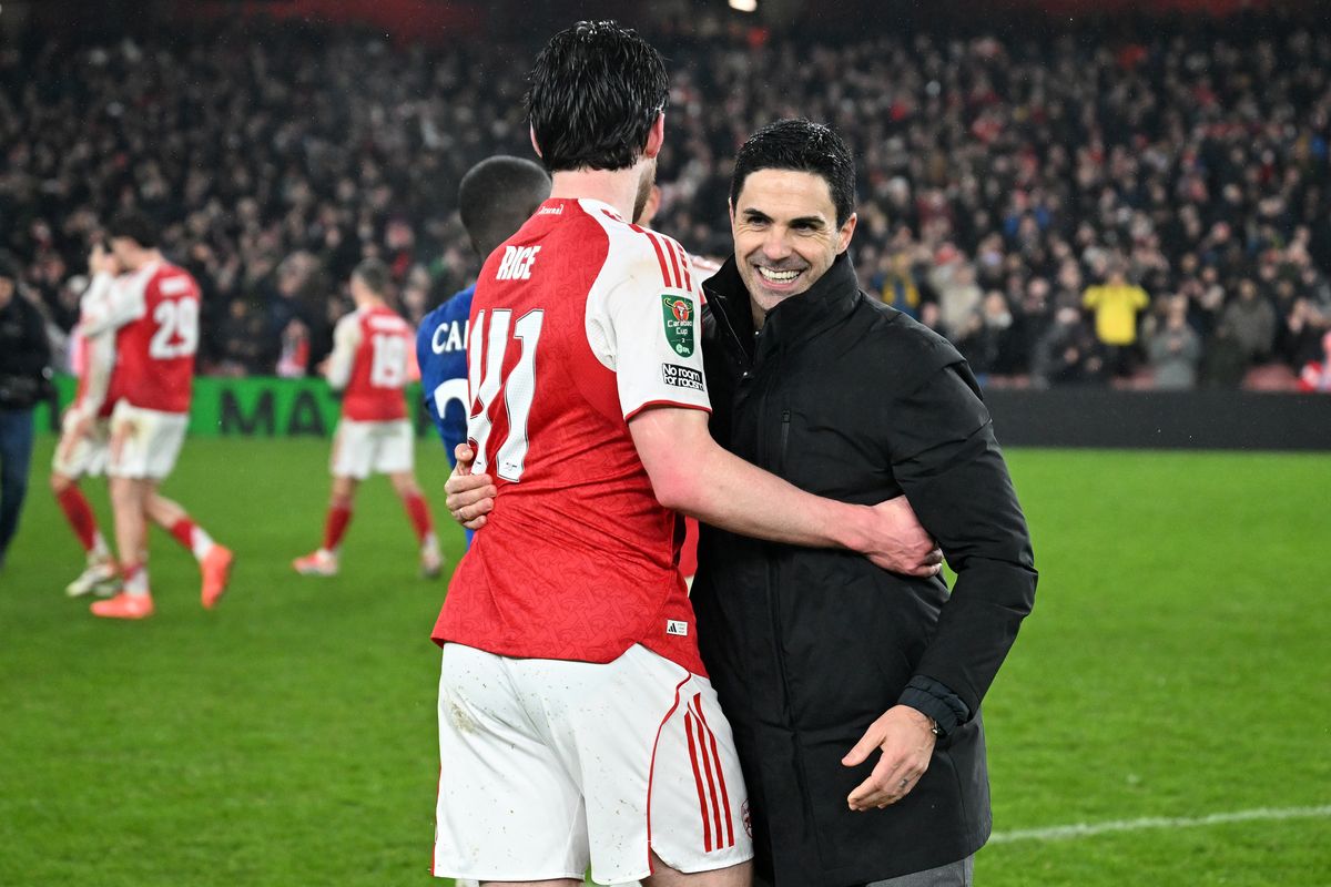Declan Rice and Mikel Arteta after an Arsenal game
