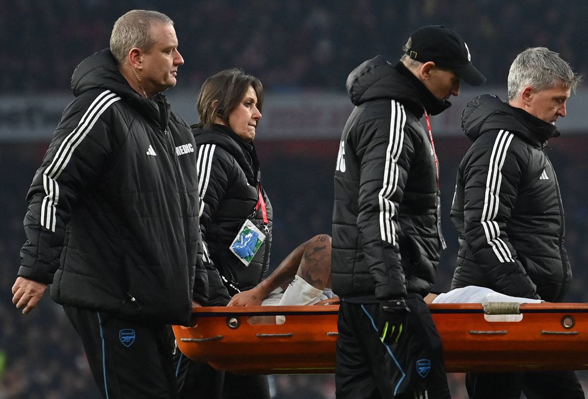 Gabriel Jesus being stretchered off against Manchester United in January 2025