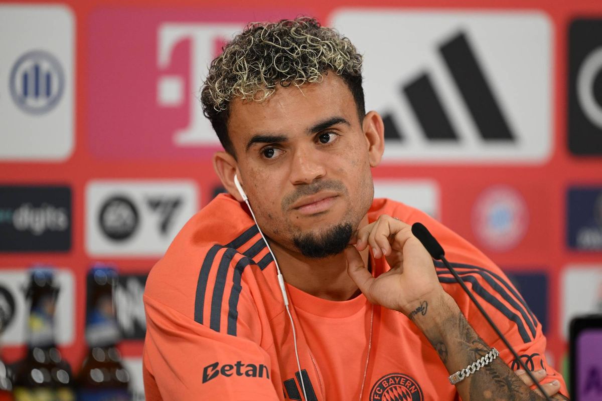 Luis Diaz of FC Bayern Munchen looks on during a press conference at Saebener Strasse training ground on July 31, 2025