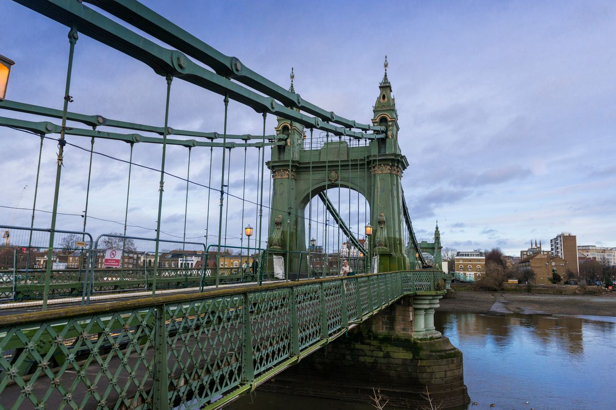 View of Hammersmith Bridge from Fulham side embankment