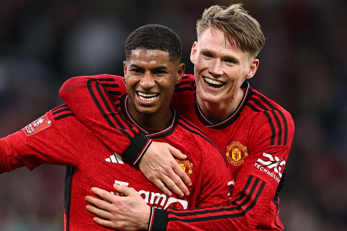 Marcus Rashford and Scott McTominay of Manchester United celebrating the victory during the Emirates FA Cup Quarter Final match between Manchester United and Liverpool at Old Trafford on March 17, 2024 in Manchester, England.