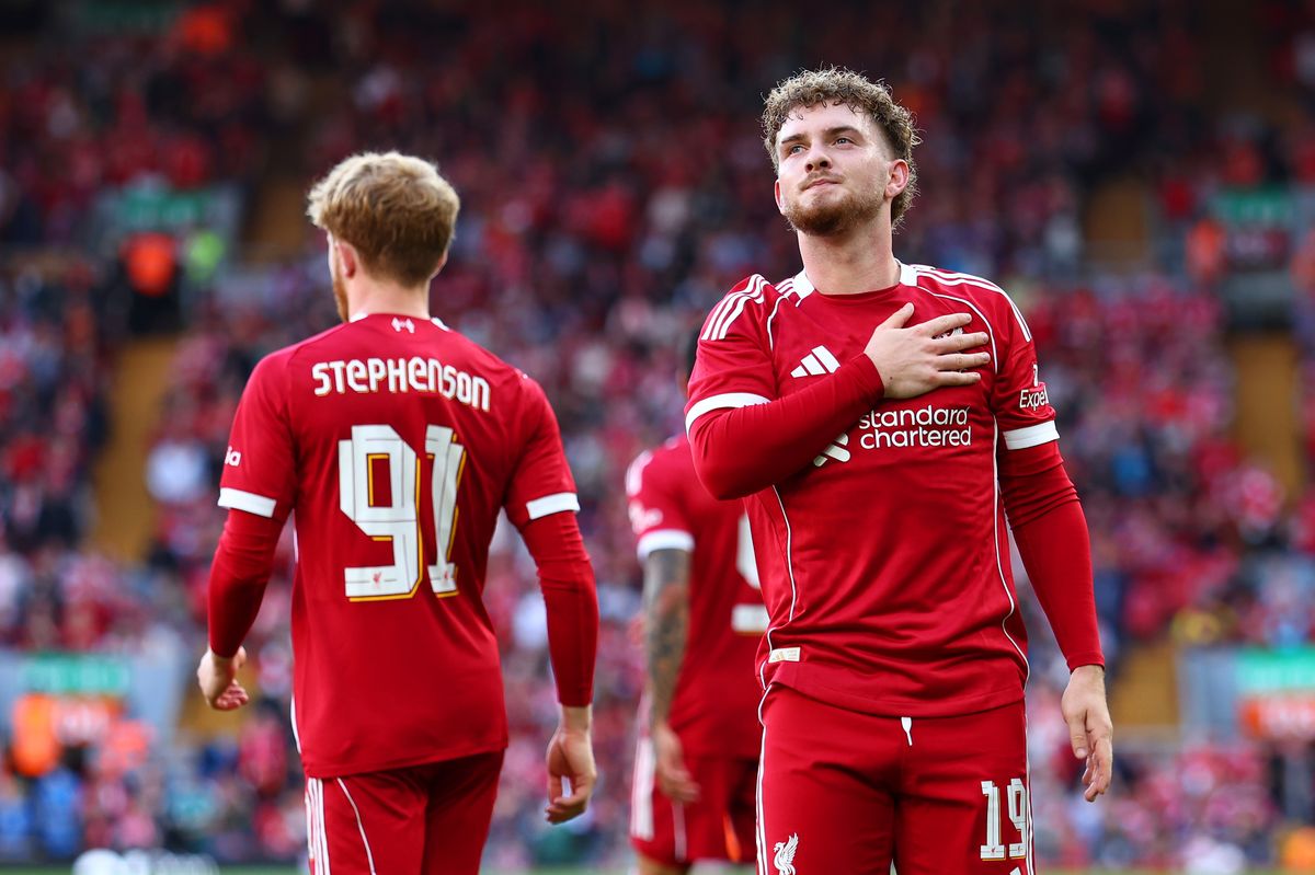 Harvey Elliott of Liverpool celebrates scoring his side's third goal during the pre-season friendly match between Liverpool v Athletic Club Bilbao at Anfield on August 04, 2025 in Liverpool, England.