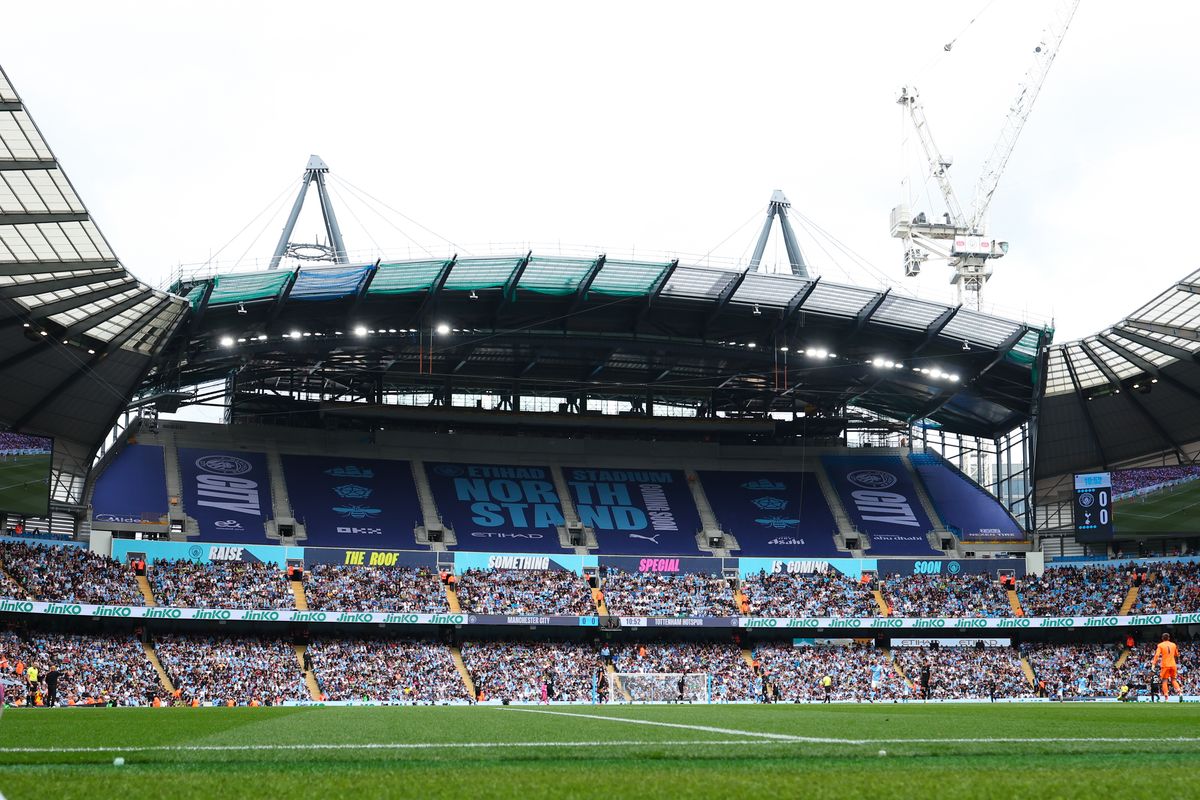 MANCHESTER, ENGLAND - AUGUST 23: A general view of the partially constructed North Stand during the Premier League match between Manchester City and Tottenham Hotspur at Etihad Stadium on August 23, 2025 in Manchester, England. (Photo by Marc Atkins/Getty Images)