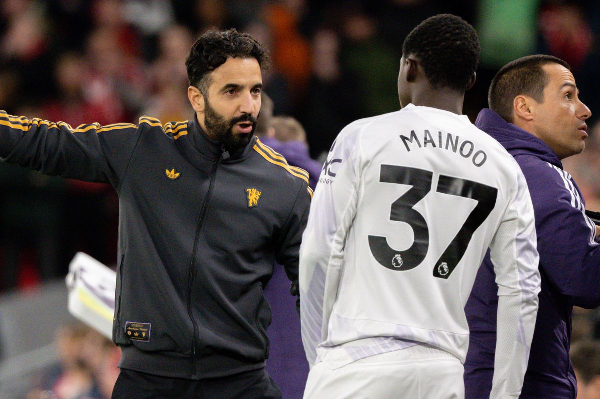 Manchester United Head Coach / Manager Ruben Amorim reacts to Robbie Mainoo of Manchester United during the Premier League match between Liverpool and Manchester United at Anfield on October 19, 2025 in Liverpool, United Kingdom. 