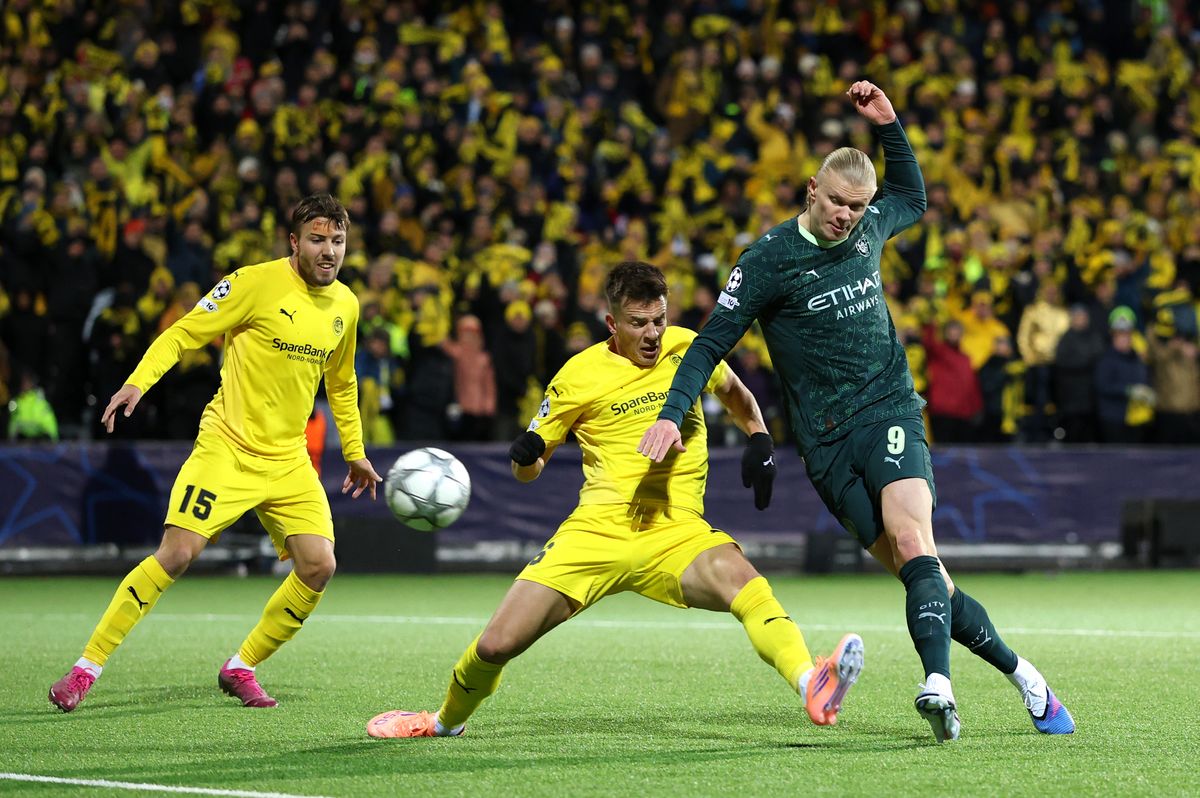 Erling Haaland of Manchester City shoots during the UEFA Champions League 2025/26 League Phase MD7 match between FK Bodo/Glimt and Manchester City at Aspmyra Stadion