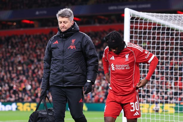 Jeremie Frimpong limps off during Liverpool's win over Qarabag in the Champions League.