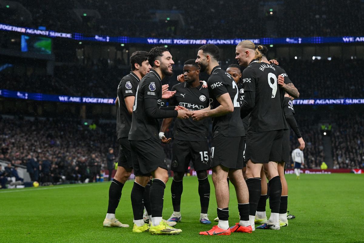  Rayan Cherki of Manchester City celebrates his goal with team mates during the Premier League match between Tottenham Hotspur and Manchester City at Tottenham Hotspur Stadium on February 1, 2026 in London, England