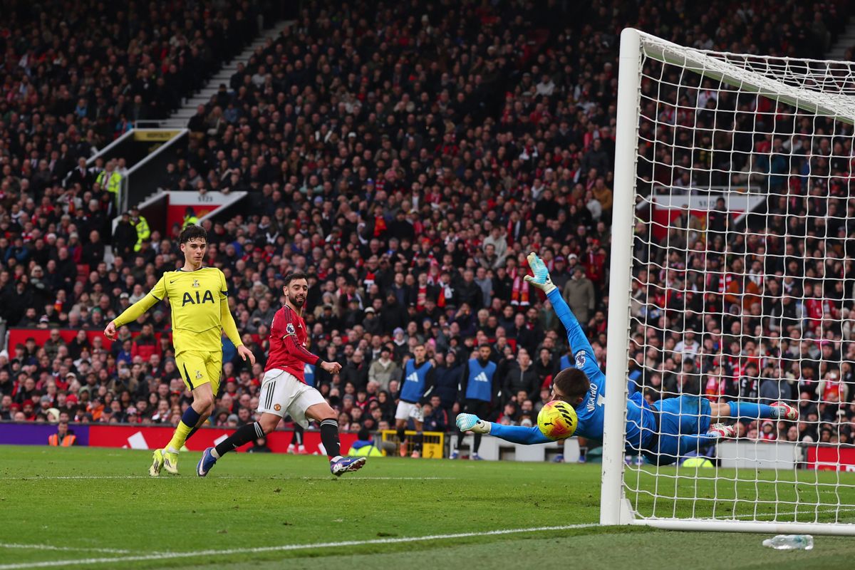 Bruno Fernandes of Manchester United scores their second goal during the Premier League match between Manchester United and Tottenham Hotspur at Old Trafford 