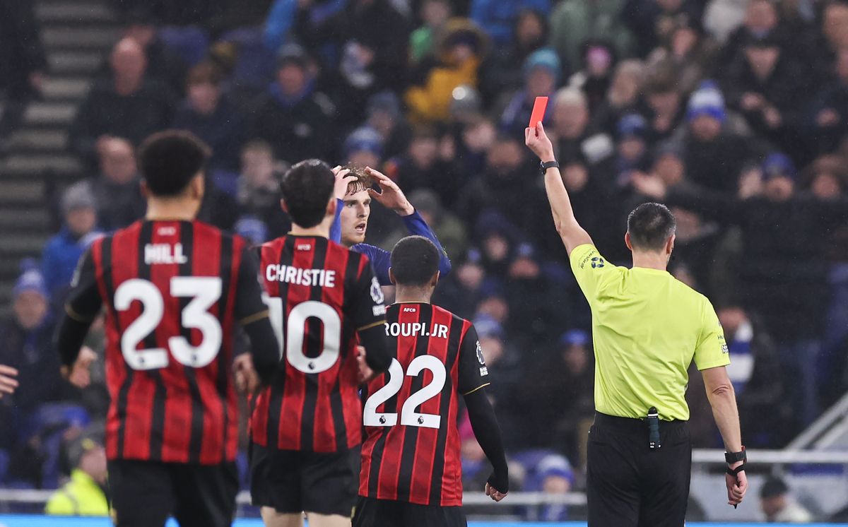 Jake O'Brien is sent off during Everton's defeat to Bournemouth