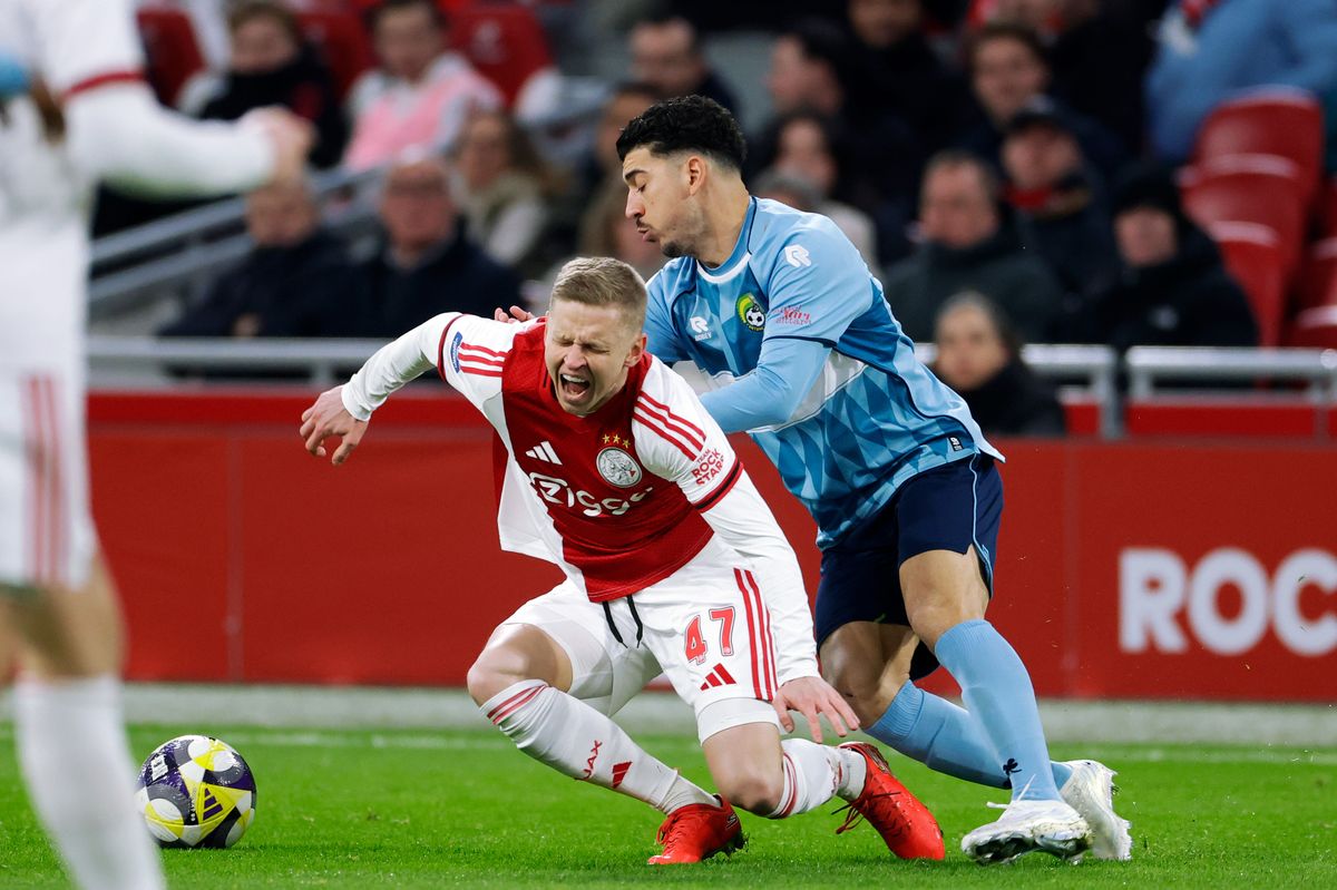 AMSTERDAM, NETHERLANDS - FEBRUARY 14: (L-R) Oleksandr Zinchenko of Ajax, Dimitris Limnios of Fortuna Sittard during the Dutch Eredivisie match between Ajax v Fortuna Sittard at the Johan Cruijff Arena on February 14, 2026 in Amsterdam Netherlands (Photo by Roy Lazet/Soccrates/Getty Images)
