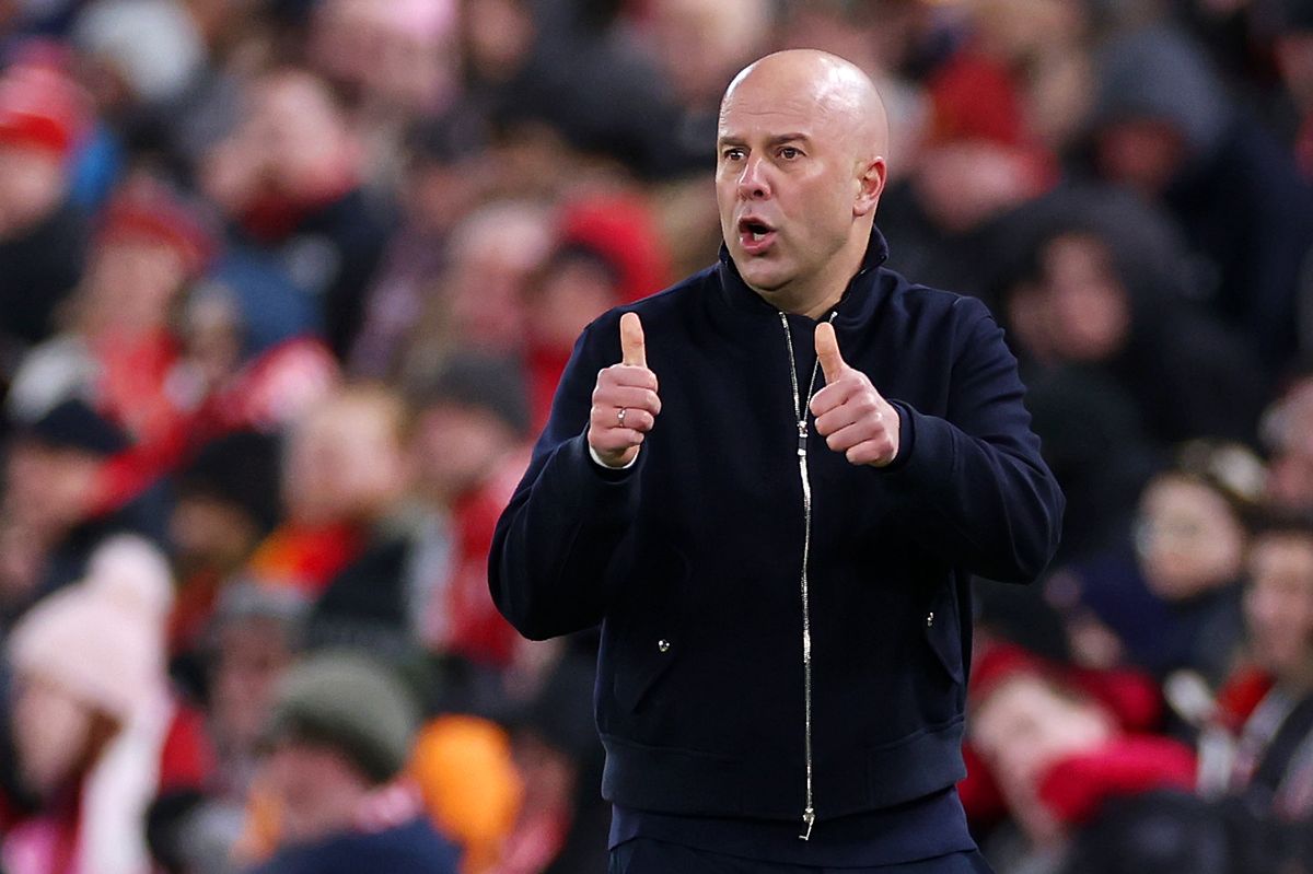 Arne Slot, Manager of Liverpool, gives a thumbs up during the Emirates FA Cup Fourth Round match between Liverpool and Brighton & Hove Albion