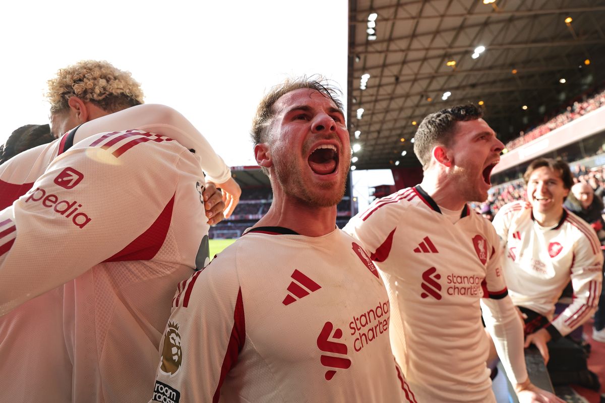 NOTTINGHAM, ENGLAND - FEBRUARY 22: Alexis Mac Allister of Liverpool celebrates after scoring his teams first goal which is later ruled no-goal by VAR during the Premier League match between Nottingham Forest and Liverpool at City Ground on February 22, 2026 in Nottingham, England. (Photo by James Holyoak/MB Media/Getty Images)