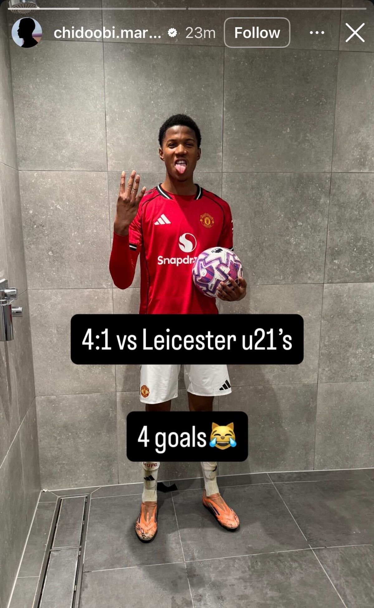 Chido Obi took to social media to celebrate scoring four goals for Man United U21s against Leicester City.