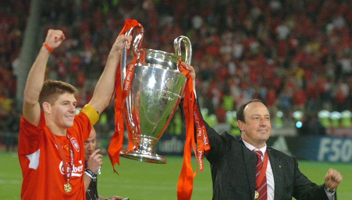 Rafa Benitez with captain Steven Gerrard after winning the Champions League in 2005 after beating AC Milan in Istanbul