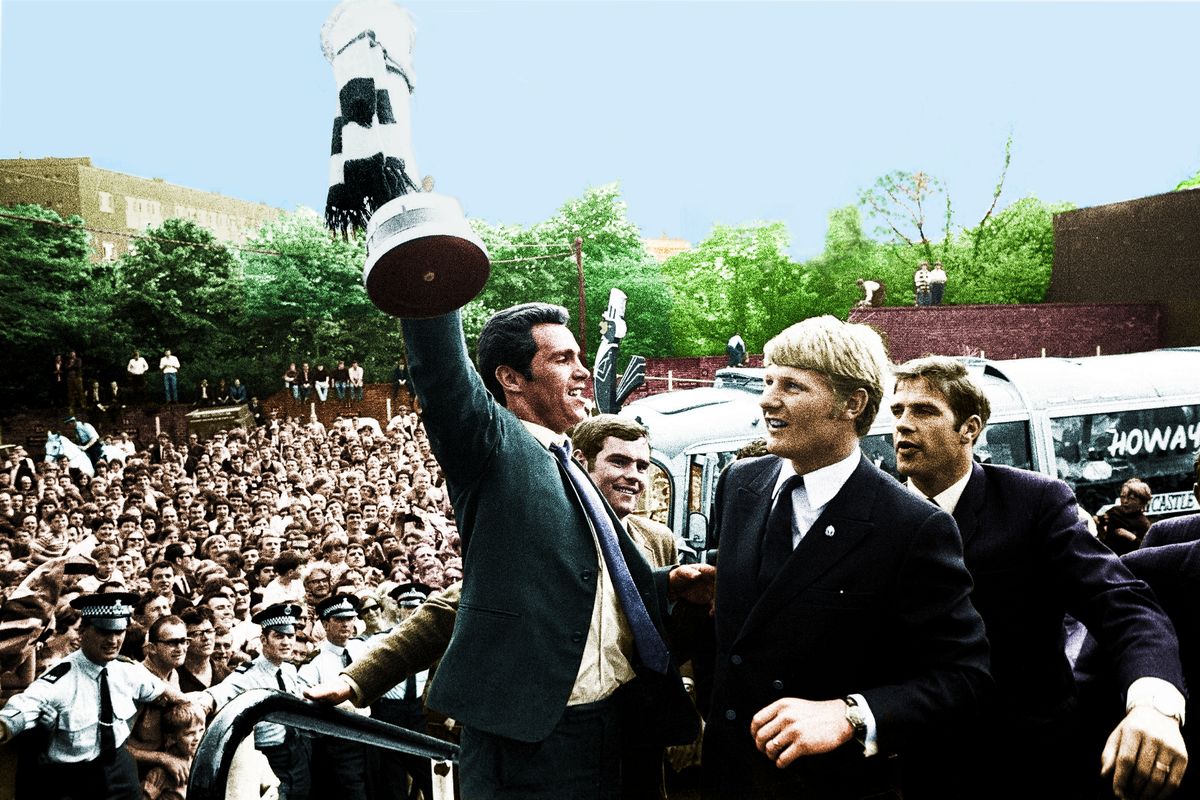 Remember When colour versions of classic Newcastle United photographs from the ncjMedia archive. Bob Moncur holds the Inter-Cities Fairs Cup aloft at St James' Park during Newcastle United's homecoming parade 12th June, 1969