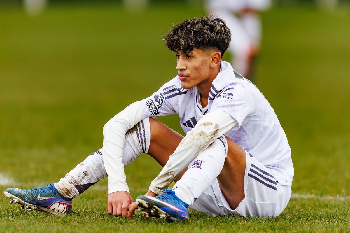 DARLINGTON, ENGLAND - FEBRUARY 7: JJ Gabriel cutting a frustrated figure during the U18 Premier League match between Middlesbrough U18 and Manchester United U18 at Rockliffe Park on February 7, 2026 in Darlington, England. (Photo by WM Sport Media - MUFC/Manchester United via Getty Images)