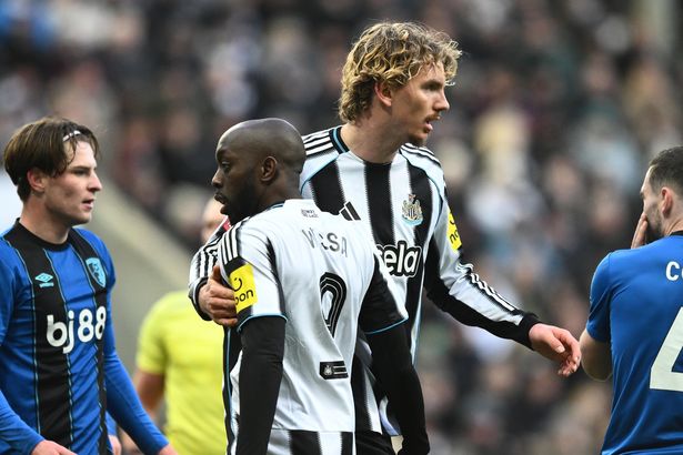 Nick Woltemade and Yoane Wissa embrace while playing for Newcastle.