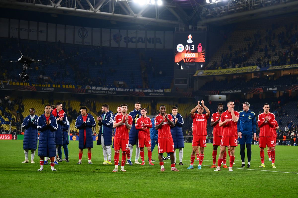 Nottingham Forest celebrate their 3-0 Europa League play-off first leg win over Fenerbahce