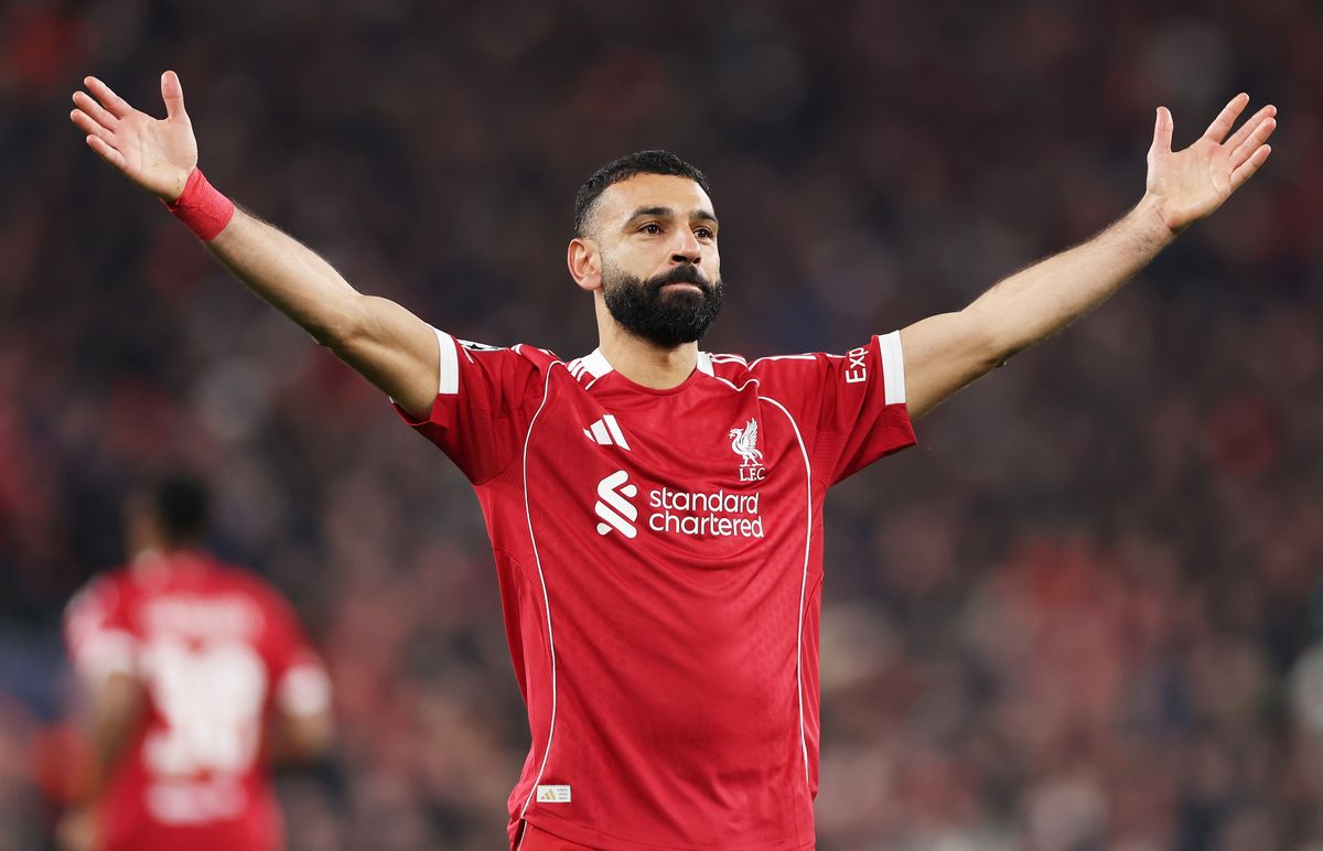 Mohamed Salah of Liverpool celebrates scoring his team's third goal during the UEFA Champions League 2025/26 match between Liverpool FC and Qarabag FK