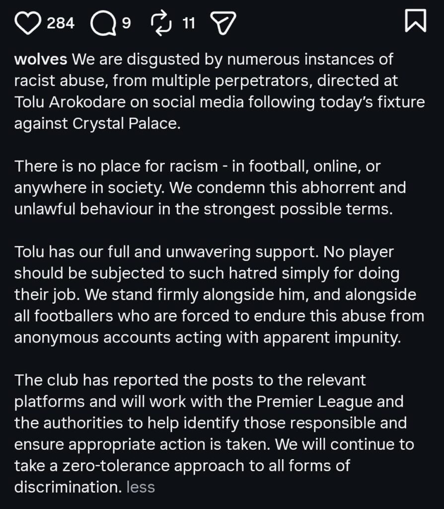 Tolu subjected to racist abuse.