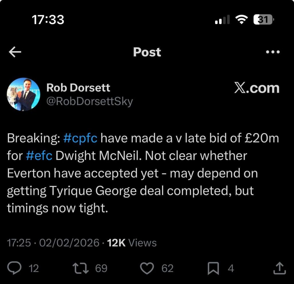 Crystal Palace bid £20m for Dwight McNeil