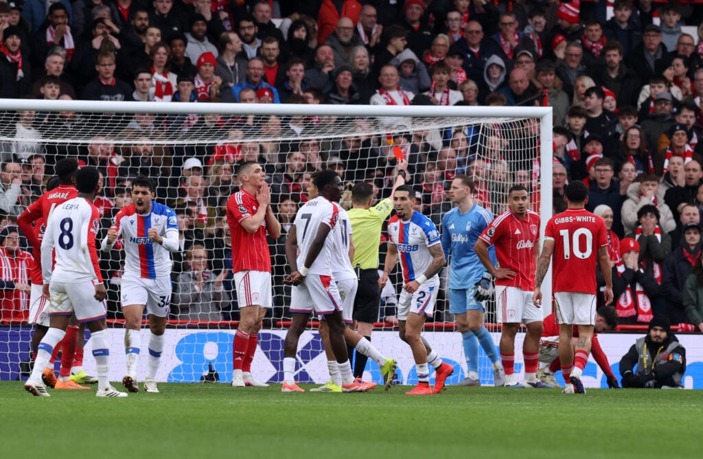 Neco Williams is sent off during Nottingham Forest's draw with Crystal Palace