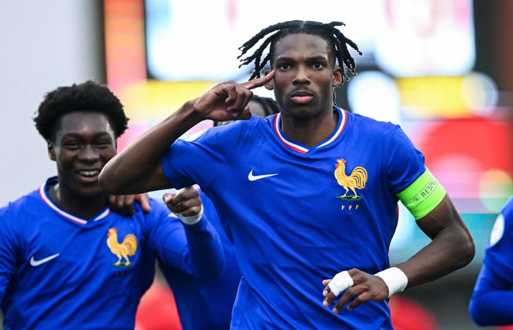 Jeremy Jacquet celebrates after scoring for France during their U19 European Championship match against Turkiye