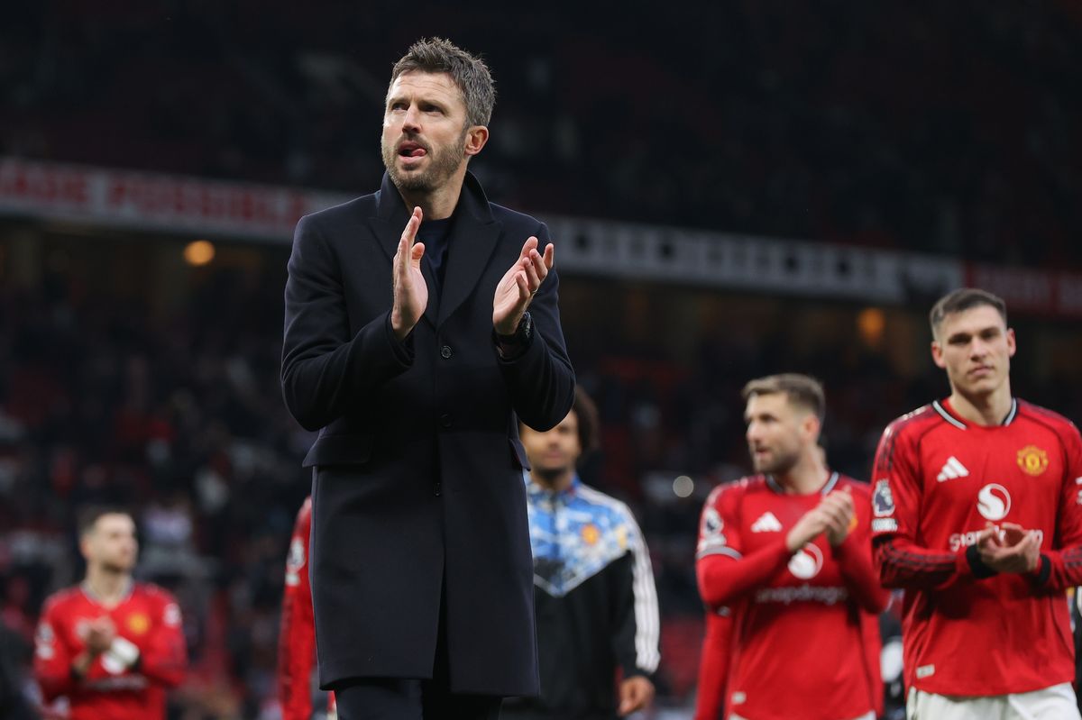 MANCHESTER, ENGLAND - FEBRUARY 01: Michael Carrick, caretaker head coach of Manchester United, during the Premier League match between Manchester United and Fulham at Old Trafford on February 01, 2026 in Manchester, England. (Photo by James Gill - Danehouse/Getty Images)