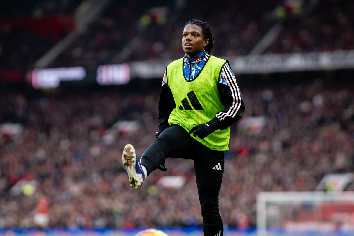 MANCHESTER, ENGLAND - FEBRUARY 01: Tyrell Malacia of Manchester United warms up during the Premier League match between Manchester United and Fulham at Old Trafford on February 01, 2026 in Manchester, England. (Photo by Ash Donelon/Manchester United via Getty Images)