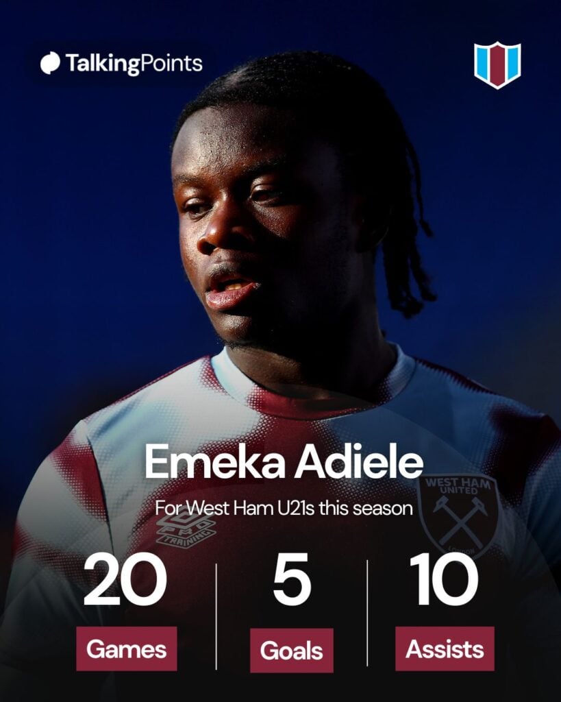 Emeka Adiele of West Ham United looks on during the warm up prior to the Bristol Street Motors Trophy match between Reading and West Ham United U21 at Select Car Leasing Stadium on August 20, 2024 in Reading, England.