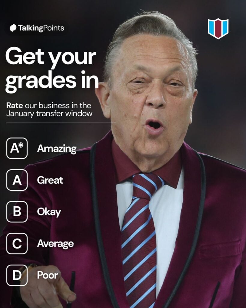 A graphic asking fans to grade West Ham's transfer window from A* to D.