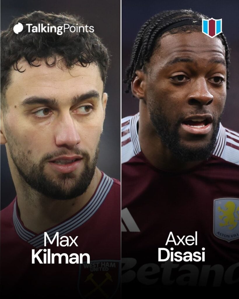 A graphic showing a split image of Max Kilman and Axel Disasi.