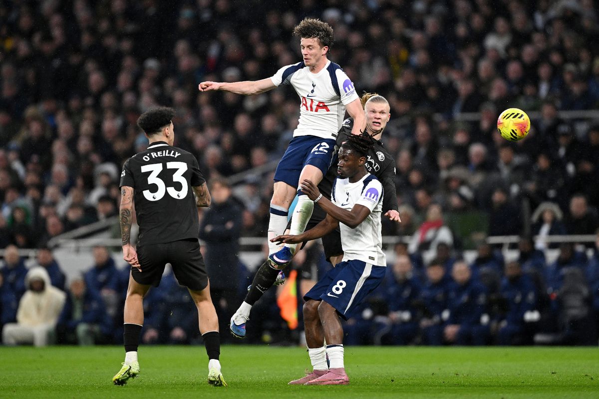 Conor Gallagher and Yves Bissouma of Tottenham Hotspur battles for possession with Erling Haaland of Manchester City during the Premier League match between Tottenham Hotspur and Manchester City