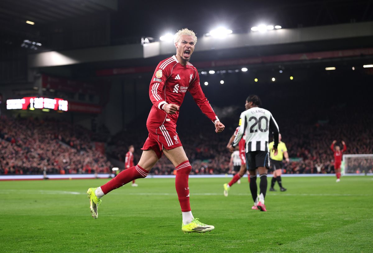 Hugo Ekitike of Liverpool celebrates after scoring his team's second goal during the Premier League match between Liverpool and Newcastle United at Anfield on January 31, 2026 in Liverpool, England