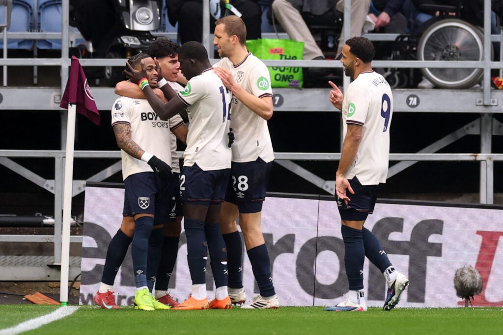 West Ham players celebrate after Crysencio Summerville scores against Burnley.