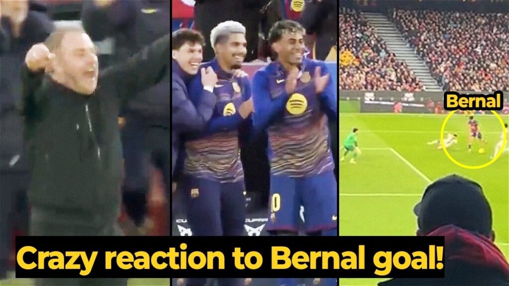Moment Hansi Flick’s and Yamal crazy reaction to Marc Bernal’s goal against Mallorca