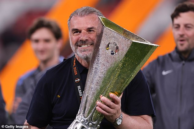 Postecoglou won Tottenham's first major trophy in over 17 years, beating Man United 1-0 in Bilbao to lift the Europa League last May - but was sacked just 16 days later
