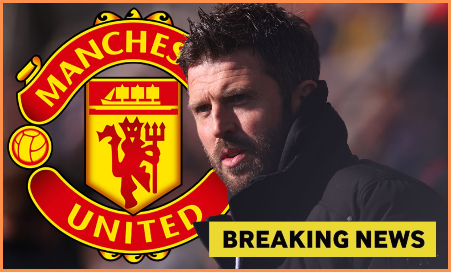 Michael Carrick, Manchester United logo, and 'breaking news' logo