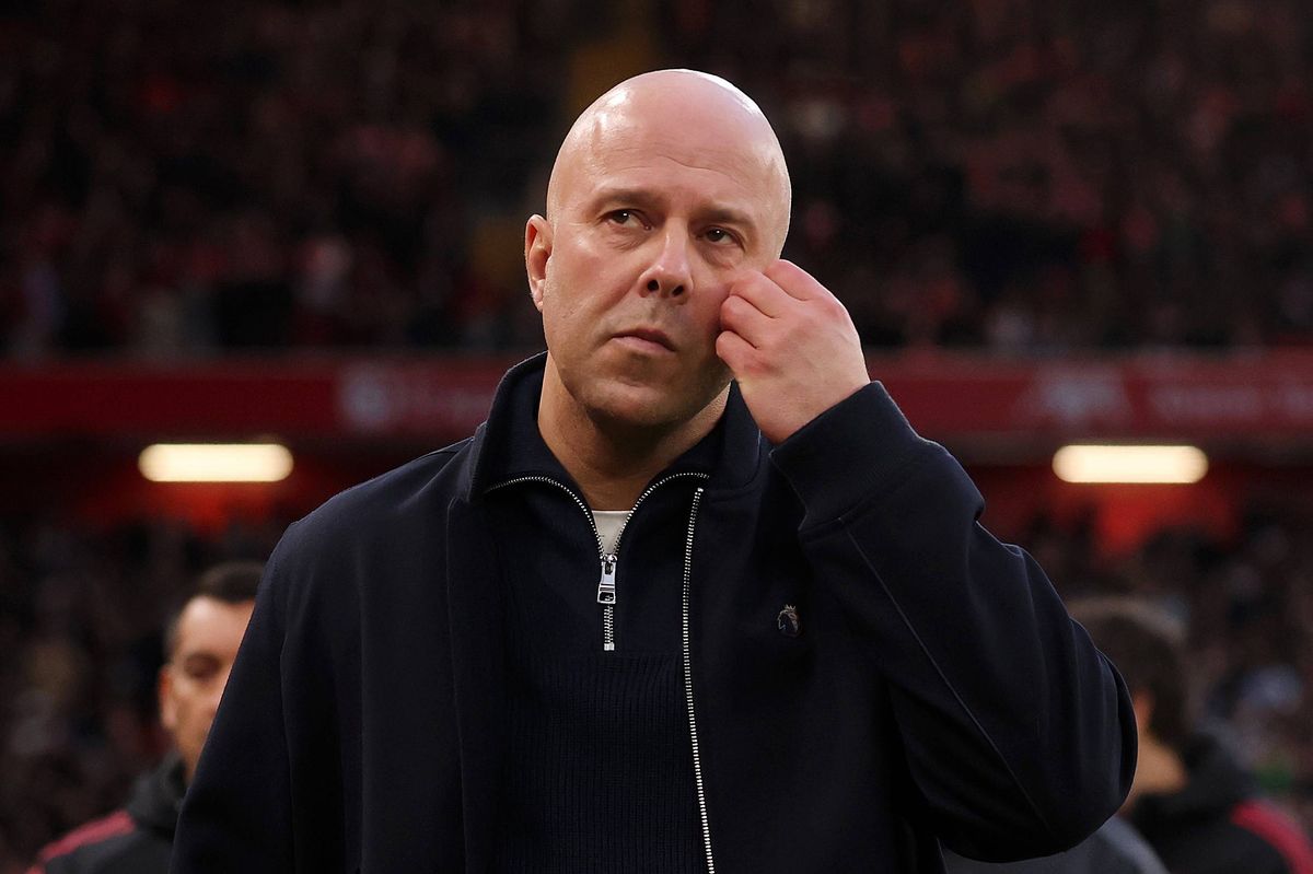 LIVERPOOL, ENGLAND - FEBRUARY 08: Arne Slot, Manager of Liverpool, reacts prior to the Premier League match between Liverpool and Manchester City at Anfield on February 08, 2026 in Liverpool, England. (Photo by Carl Recine/Getty Images)
