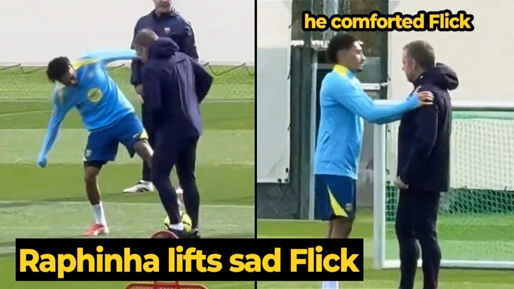 Raphinha trying to nutmeg Flick to lift his mood, look his reaction… Raphinha trying to nutmeg Flick to lift his mood, look his reaction...